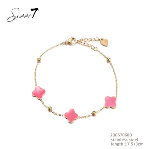 Armband Staal - Goudkleur Klavers Roze Pastel (17,5 + 3 CM)